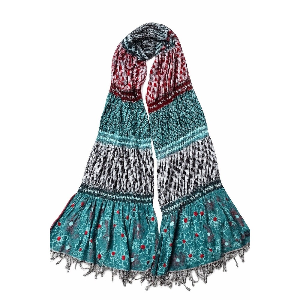 Boho Patchwork Pleated Scarf Floral Crinkle Fringe Art Teacher Lakhay’s